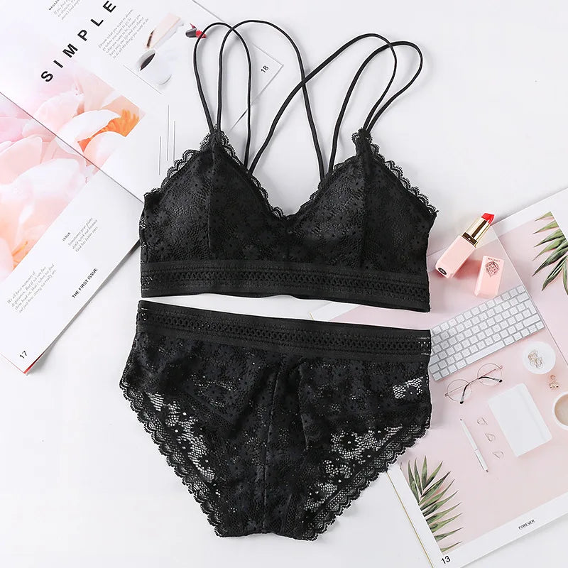 Women Lace Bra And Briefs Set Backless Bralette Solid Color Underwear Wireless Lace Bra Top Sexy Lingerie Set Female Intimates - Matrix-studios.com
