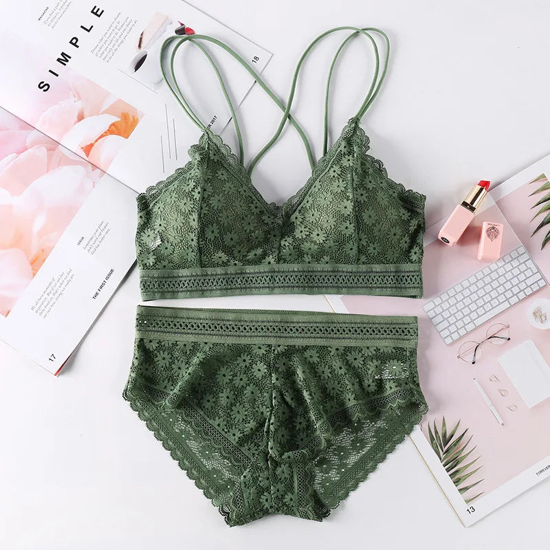 Women Lace Bra And Briefs Set Backless Bralette Solid Color Underwear Wireless Lace Bra Top Sexy Lingerie Set Female Intimates - Matrix-studios.com