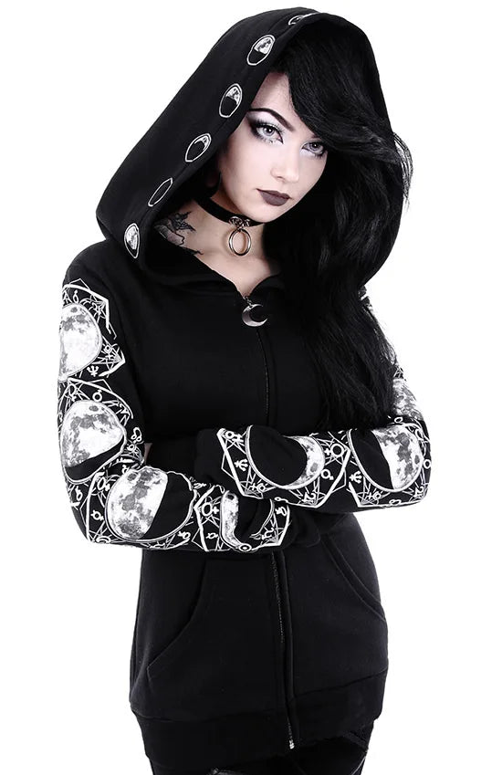 Fashion Trend Women's Punk Black Hoodie Moon Print Long-sleeved Sweater - Matrix Studios