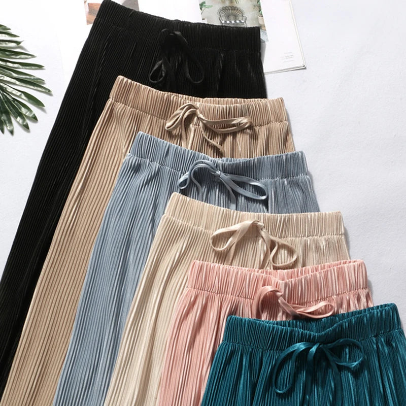 2025 Women's Pleated Loose Ice Silk Korean Casual Cropped Pants Wide Leg Trouse Home Classic Sports Wear Girls Clothes Black Top - Matrix-studios.com