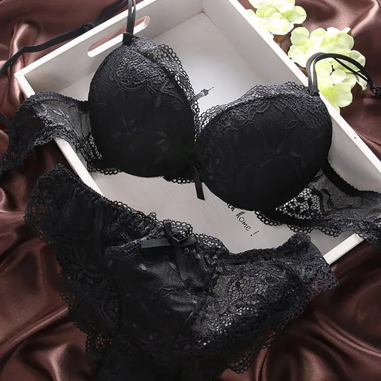 European Style Sexy Bra Set Women Cotton Underwear Sexy Lace Panties Female Push Up Brassiere Fashion Solid Color Lingerie Set - Matrix-studios.com