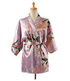 Lace Up Woman Peacock Print Japanese Kimono Yukata Silk Satin Short Style Sleepwear Home Nightgown Bath Robe Costume - Matrix-studios.com