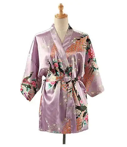 Lace Up Woman Peacock Print Japanese Kimono Yukata Silk Satin Short Style Sleepwear Home Nightgown Bath Robe Costume - Matrix-studios.com