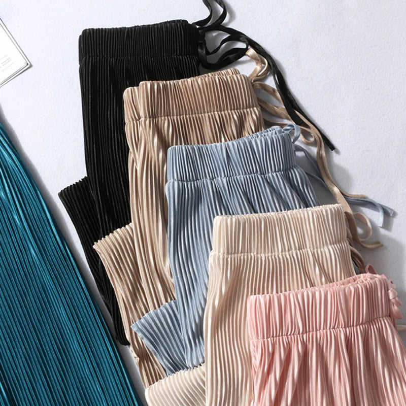 2025 Women's Pleated Loose Ice Silk Korean Casual Cropped Pants Wide Leg Trouse Home Classic Sports Wear Girls Clothes Black Top - Matrix-studios.com