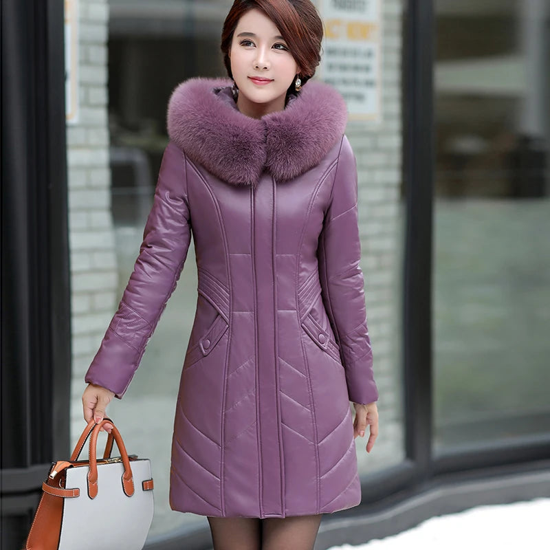 L-8XL Women Leather Coat Winter 2026 Fashion Mother Jacket Thicken Warm Outerwear Fur Collar Hooded Sheepskin Overcoat Female - Matrix Studios