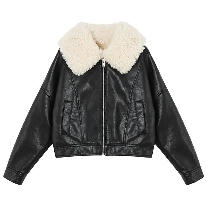 New Vintage Winter Leather Jacket Women Black Biker Coat Female Windbreak 2021 Lamb Fur Collar Thick Jacket - Matrix Studios