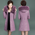 Middle aged Women's Leather Jacket Winter New Thicken Warm Slim Big Fur Collar Mid-length Leather Coat Female Outerwear 6XL - Matrix Studios