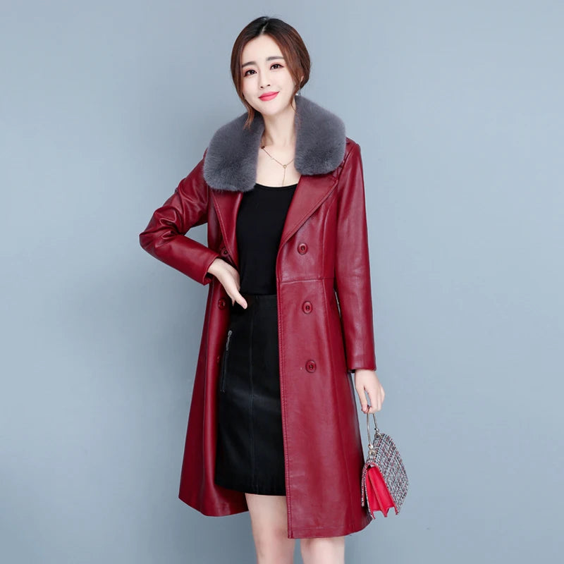 M-7XL Woman Sheepskin OverCoat Spring Autumn Winter 2026 Fashion Fur Collar Warm Thick Slim Long Sheep Leather Coat Female - Matrix Studios