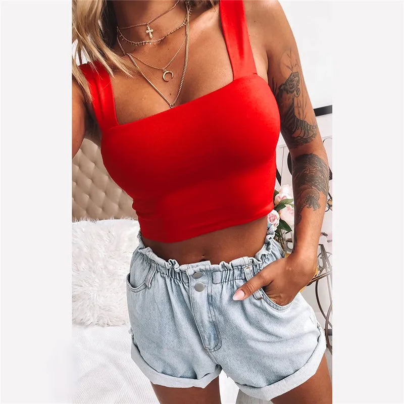 Square Neck Sleeveless Summer Crop Top White Women Black Casual Basic T Shirt Off Shoulder Cami Sexy Backless Tank Top - Matrix-studios.com
