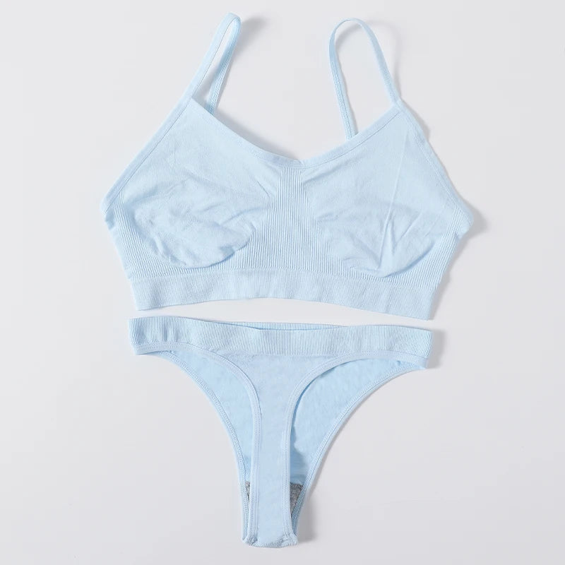 Women Seamless Bra And Panties Set Wire Free Bralette High Leg Cut Thongs Comfort Ribbed Unlined Underwear Sexy Lingerie Set - Matrix-studios.com