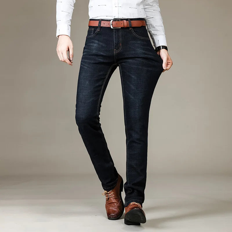 Autumn Classic Men's Fitted Stretch Jeans Business Casual Cotton Denim Straight Leg Pants Male Black Blue Trousers - Matrix Studios