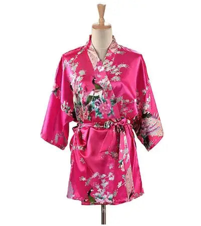 Lace Up Woman Peacock Print Japanese Kimono Yukata Silk Satin Short Style Sleepwear Home Nightgown Bath Robe Costume - Matrix-studios.com