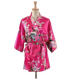 Lace Up Woman Peacock Print Japanese Kimono Yukata Silk Satin Short Style Sleepwear Home Nightgown Bath Robe Costume - Matrix-studios.com