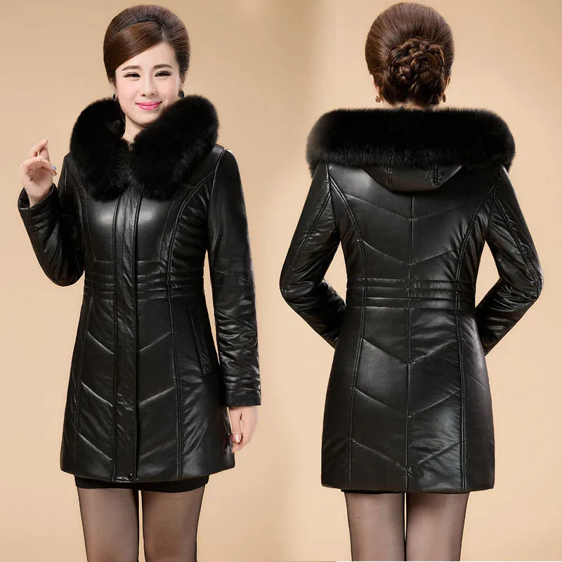 Middle aged Women's Leather Jacket Winter New Thicken Warm Slim Big Fur Collar Mid-length Leather Coat Female Outerwear 6XL - Matrix Studios