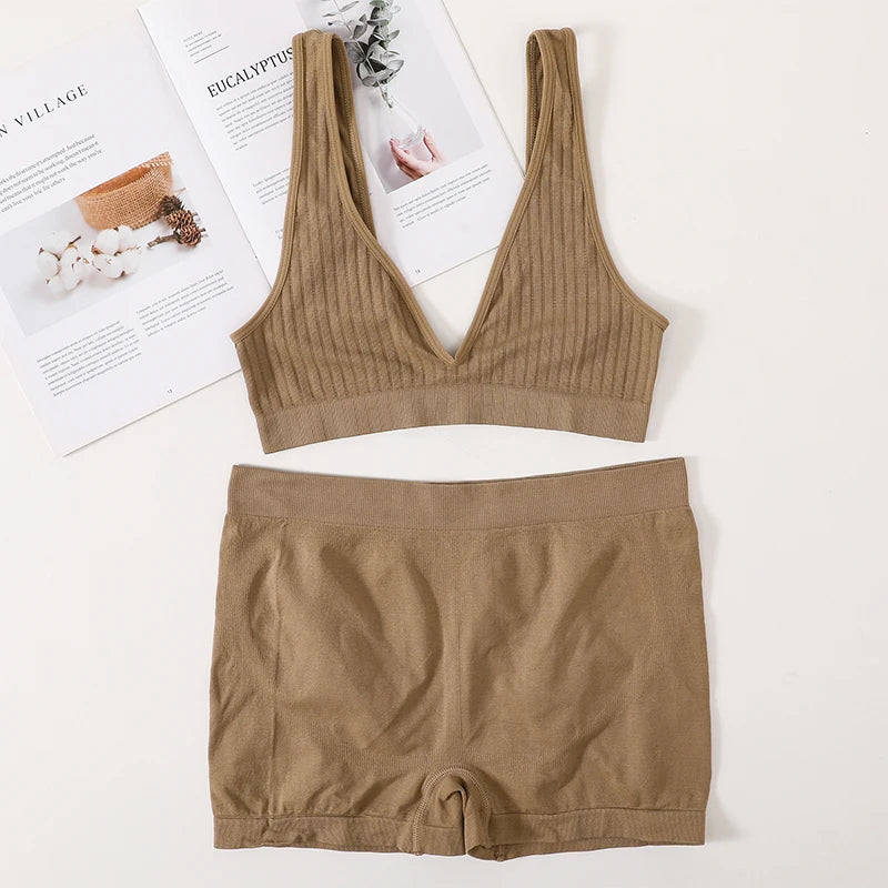 Women Seamless Bra And Panties Set Female Sport V-neck Unlined Bra High Rise Shorts Stretchy Underwear Sexy Lingerie Set - Matrix-studios.com