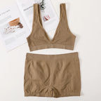 Women Seamless Bra And Panties Set Female Sport V-neck Unlined Bra High Rise Shorts Stretchy Underwear Sexy Lingerie Set - Matrix-studios.com