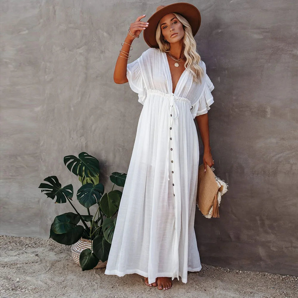 Leaves Print Bikini Beach Cover up Tunics for Beach Long Kaftan Bikini Cover up Robe de Plage Sarong Beach Swimsuit cover-ups - Matrix Studios