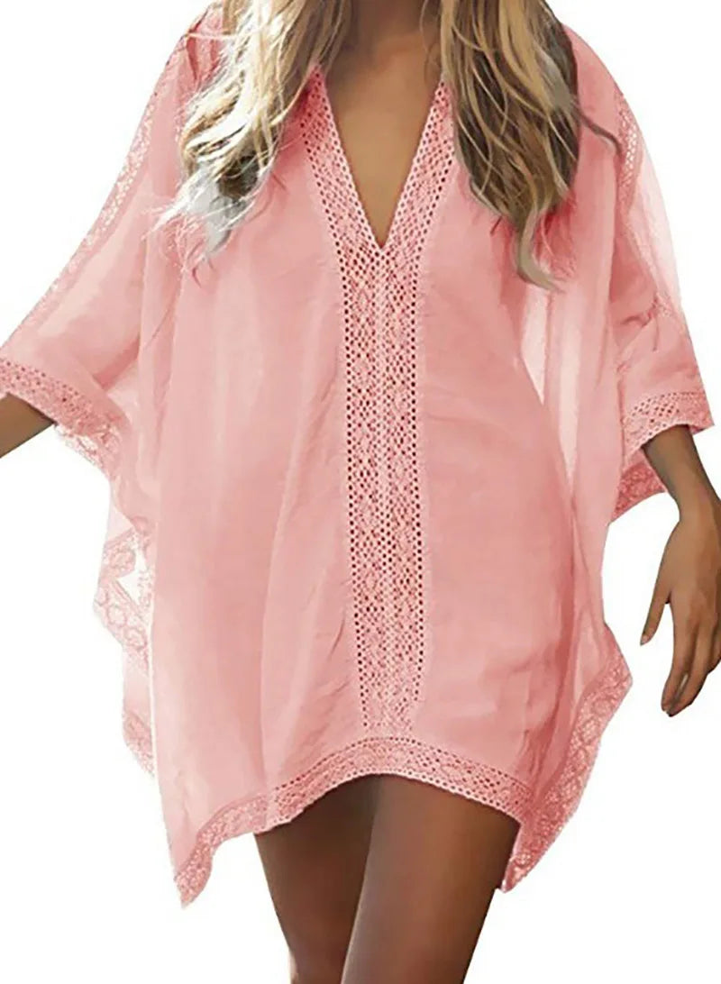 Sexy Beach Cover Up Women Bikini Pocket Swimsuit Cover Up Hollow Out T-shirt White Bathing Suit Cover-Ups Tunics Beachwear Robe - Matrix Studios