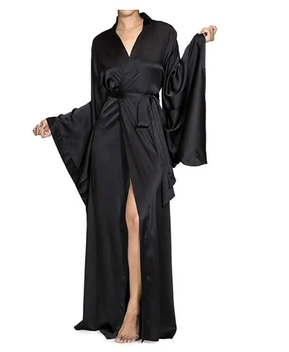 2019 New Solid Robes Women Black Red Long Sleeve Nightgown Ladies Girls Silk Satin Smooth Spring Lace Sleepwear Female Bathrobe - Matrix-studios.com