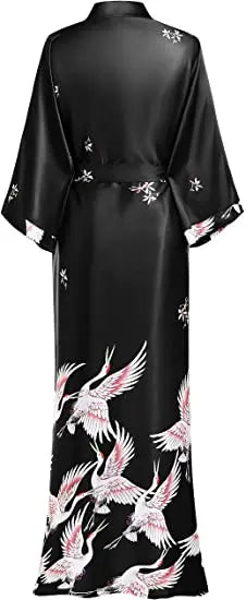 Print Crane Lady Kimono Bathrobe Gown Women Wedding Robe Loose Soft Satin Nightgown Sleepwear V-neck Long Novelty Nightwear - Matrix-studios.com