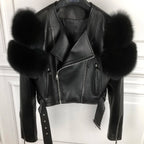 GO BALLISTIC YA Ladies' Genuine Leather Jacket with Fur Sleeve Women's Natural Lambskin Outfit - Matrix Studios