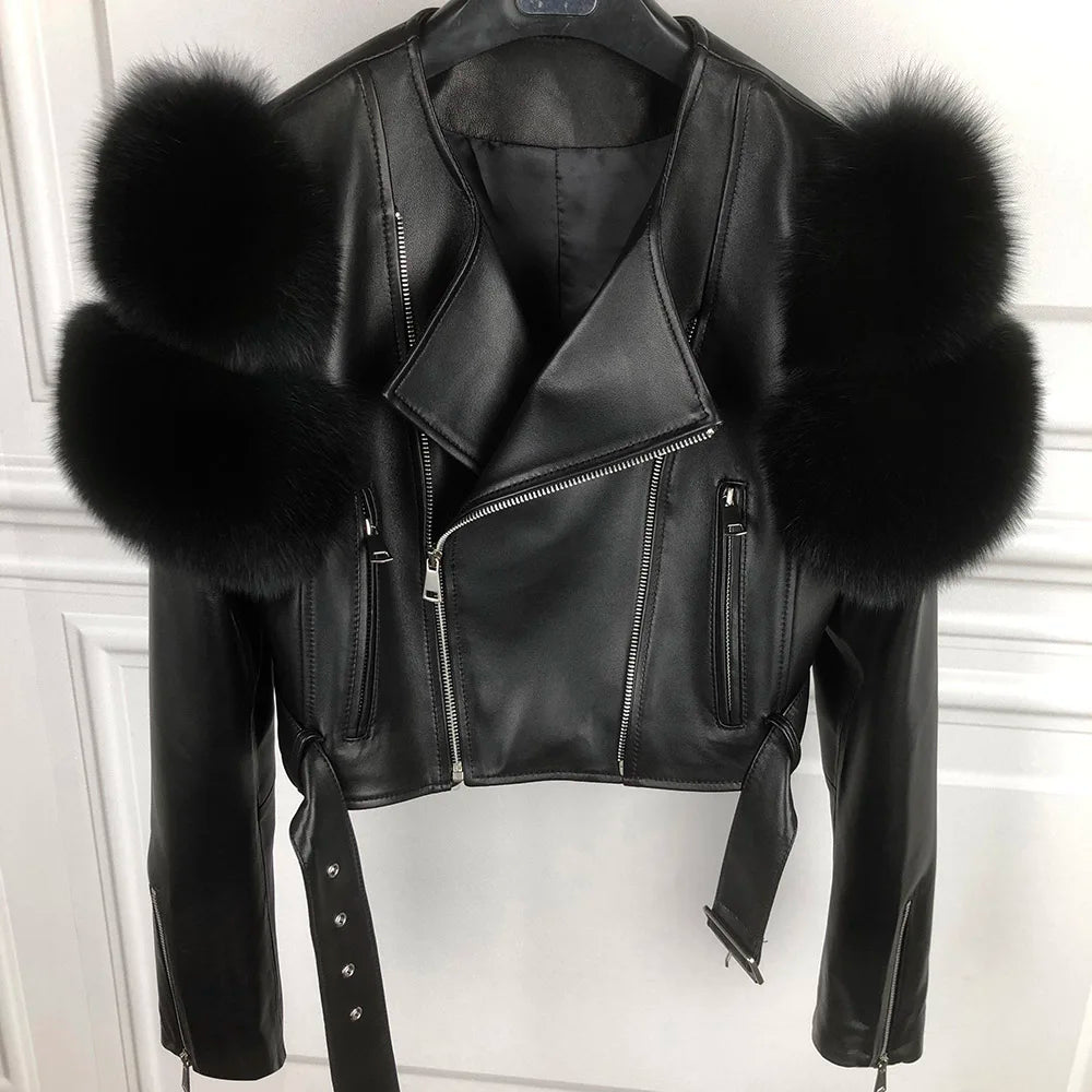 GO BALLISTIC YA Ladies' Genuine Leather Jacket with Fur Sleeve Women's Natural Lambskin Outfit - Matrix Studios