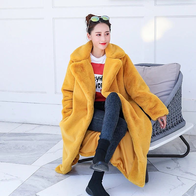 Winter Women High Quality Faux Rabbit Fur Coat Luxury Long Fur Coat Loose Lapel OverCoat Thick Warm Plus Size Female Plush Coats - Matrix Studios