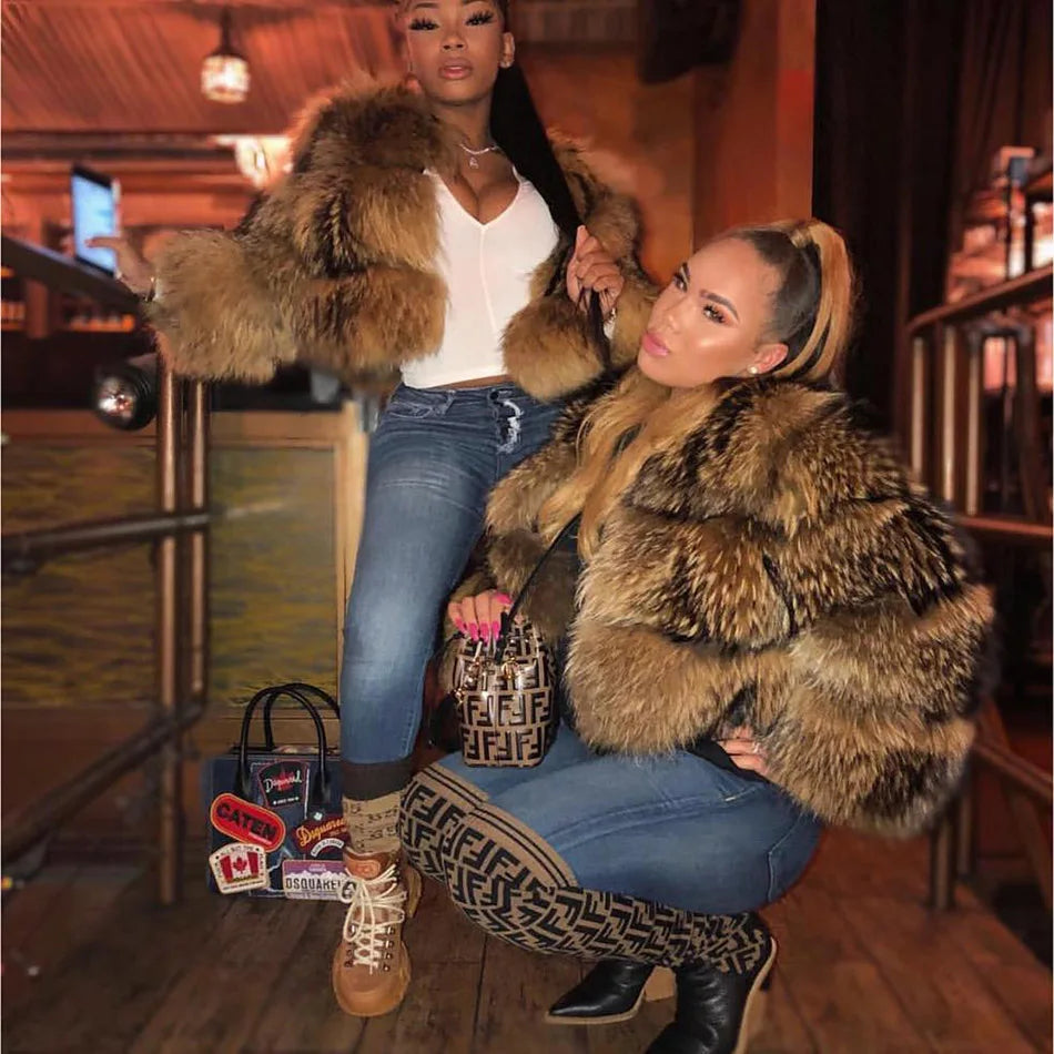 MAOMAOKONG Super Hot Winter Women Luxury Thick Real Raccoon Fur Coat Natural Fox Fur Jacket Plus Size Furry Jackets Female Vest - Matrix Studios