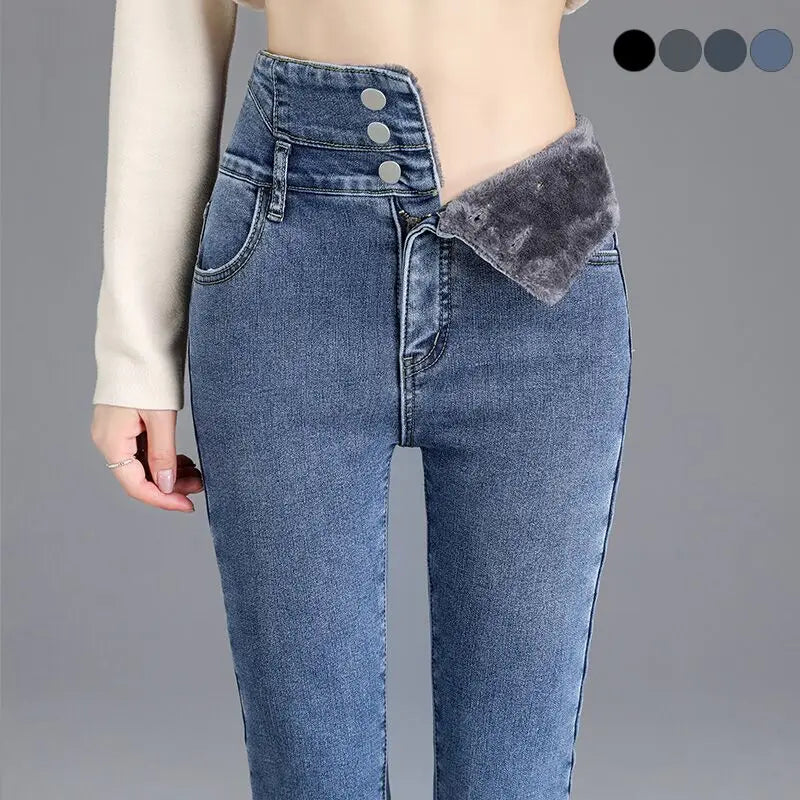 Thermal Winter Thick Fleece High-waist Warm Skinny Jeans Thick Women Stretch Button Pencil Pants Mom Casual Velvet Jeans - Matrix-studios.com
