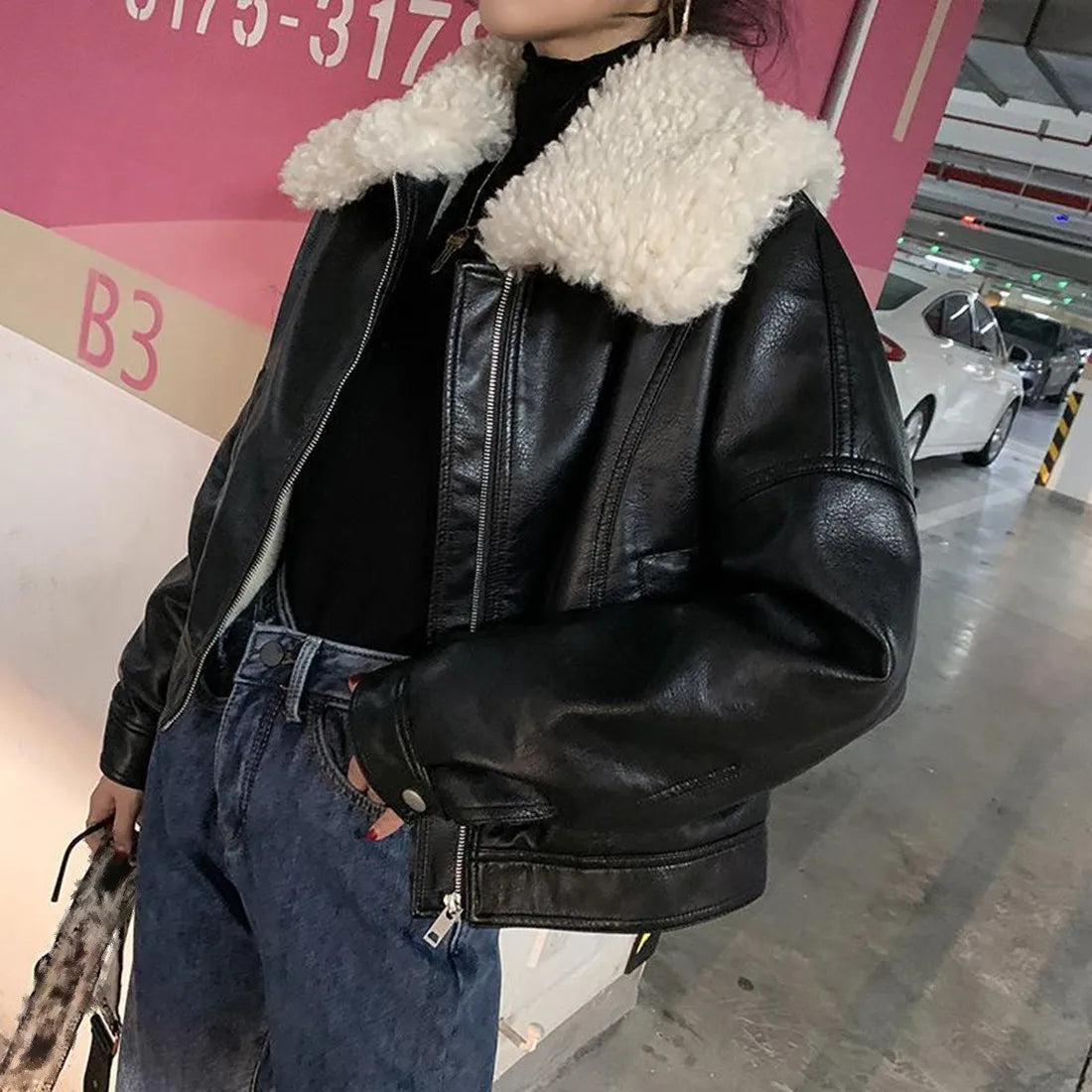 New Vintage Winter Leather Jacket Women Black Biker Coat Female Windbreak 2021 Lamb Fur Collar Thick Jacket - Matrix Studios