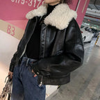 New Vintage Winter Leather Jacket Women Black Biker Coat Female Windbreak 2021 Lamb Fur Collar Thick Jacket - Matrix Studios