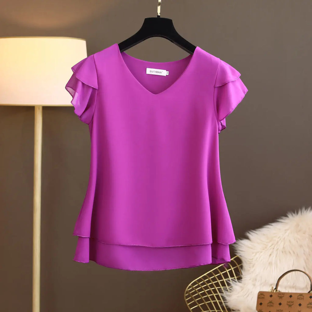 2026 New Summer Women Blouse Loose V-Neck Chiffon Shirt Female Short Sleeve Blouse Oversized Shirts womens tops and blouses Top - Matrix-studios.com