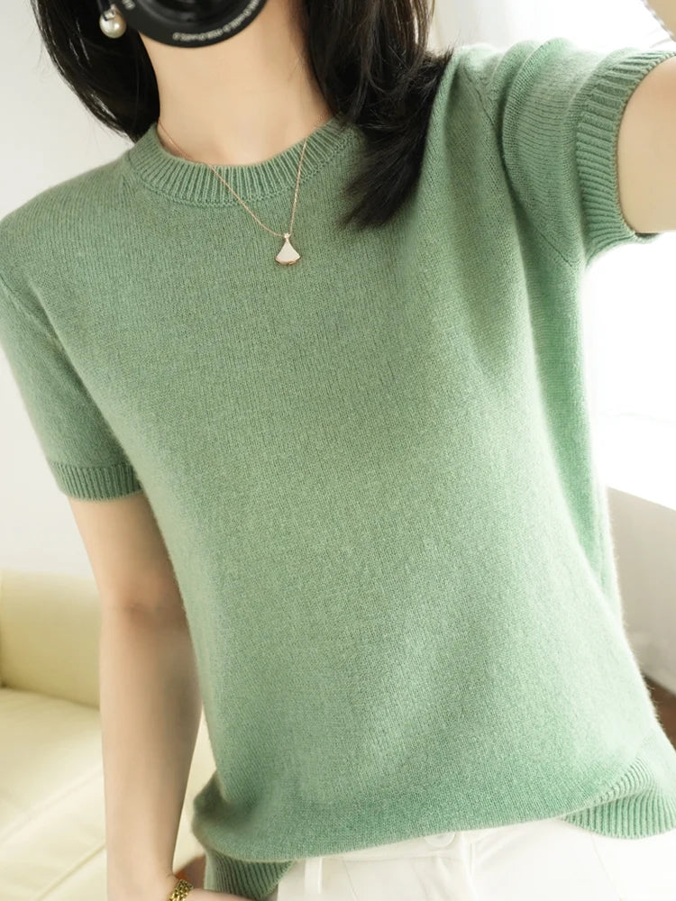 New Short-sleeved Knitwear Women O-neck T-shirt Wool Cotton Blend Pullover Vest Sprig Summer Bottoming Tops Sweater Solid Soft - Matrix Studios