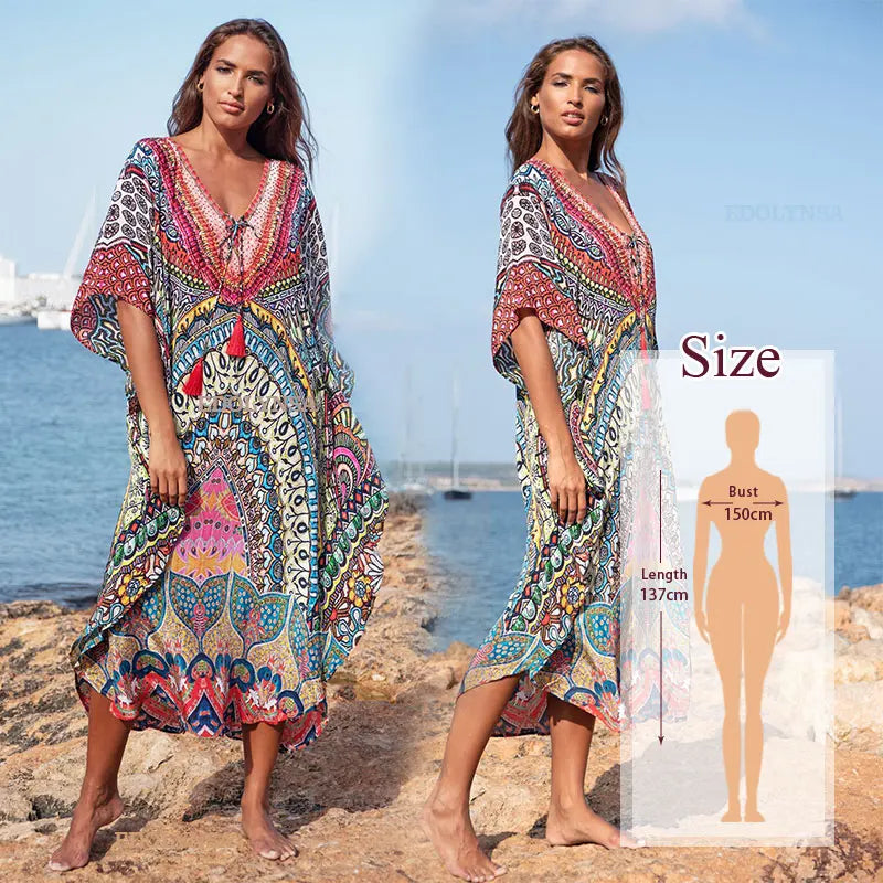 Bohemian Kaftan Beach Tunic Cotton Beach Cover up Saida de Praia Swimsuit Women Bikini cover up Pareo Sarong Beachwear #Q956 - Matrix Studios