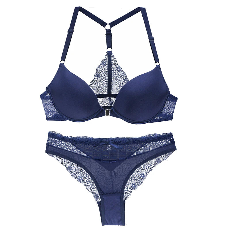 2022 New Sexy Halter Deep V Push Up Bras Set Solid Smooth Bow Decorative Women Underwear AB Cup Girls Lingerie - Matrix-studios.com