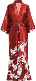 Print Crane Lady Kimono Bathrobe Gown Women Wedding Robe Loose Soft Satin Nightgown Sleepwear V-neck Long Novelty Nightwear - Matrix-studios.com