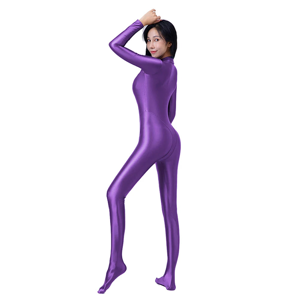AMORESY Women's Shiny Oil Tights Full-Length Catsuit Front Zipper Yoga Zentai Playsuit Sexy Smooth Casual Jumpsuit - Matrix Studios