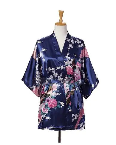 Lace Up Woman Peacock Print Japanese Kimono Yukata Silk Satin Short Style Sleepwear Home Nightgown Bath Robe Costume - Matrix-studios.com