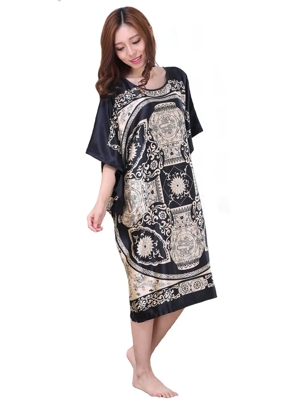 Summer Women Nightgown Print Sleepwear Night Bath Dress Gown Satin Sleep Shirt Sexy Nightshirt Home Clothes Intimate Lingerie - Matrix-studios.com