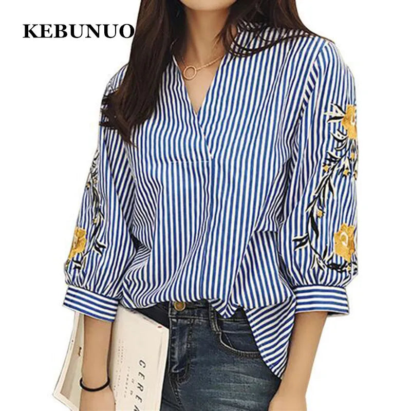 Women Embroidery Floral Casual Striped White Blouses and Shirts Female Three Quarter Sleeve Loose Tops Fashion V-Neck Blusas - Matrix-studios.com