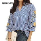 Women Embroidery Floral Casual Striped White Blouses and Shirts Female Three Quarter Sleeve Loose Tops Fashion V-Neck Blusas - Matrix-studios.com