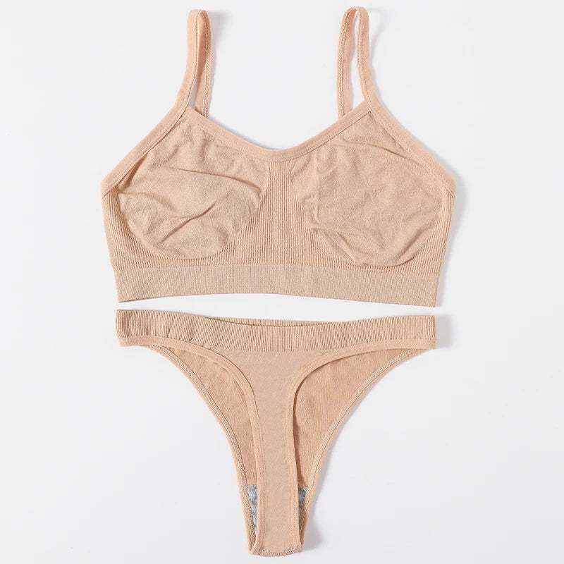 Women Seamless Bra And Panties Set Wire Free Bralette High Leg Cut Thongs Comfort Ribbed Unlined Underwear Sexy Lingerie Set - Matrix-studios.com