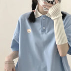 Bear Embroidery Preppy Style Polo Shirts Female T Shirt Short Sleeve Summer Women Tshirt Cotton Cute Tee Loose Oversized Teens - Matrix-studios.com