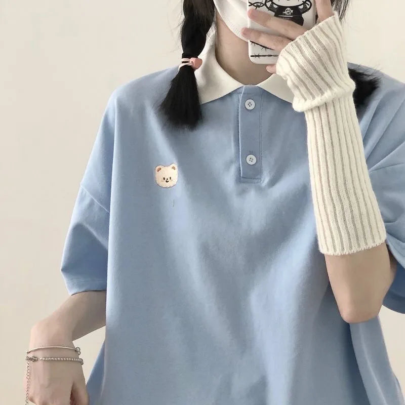 Bear Embroidery Preppy Style Polo Shirts Female T Shirt Short Sleeve Summer Women Tshirt Cotton Cute Tee Loose Oversized Teens - Matrix-studios.com