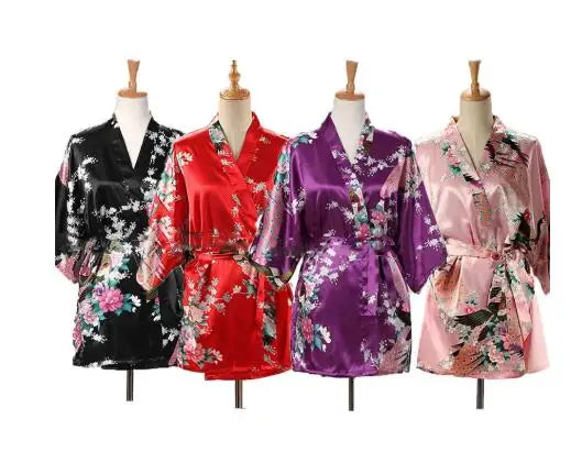 Lace Up Woman Peacock Print Japanese Kimono Yukata Silk Satin Short Style Sleepwear Home Nightgown Bath Robe Costume - Matrix-studios.com