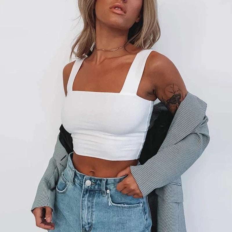 Square Neck Sleeveless Summer Crop Top White Women Black Casual Basic T Shirt Off Shoulder Cami Sexy Backless Tank Top - Matrix-studios.com