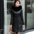 L-8XL Women Leather Coat Winter 2026 Fashion Mother Jacket Thicken Warm Outerwear Fur Collar Hooded Sheepskin Overcoat Female - Matrix Studios