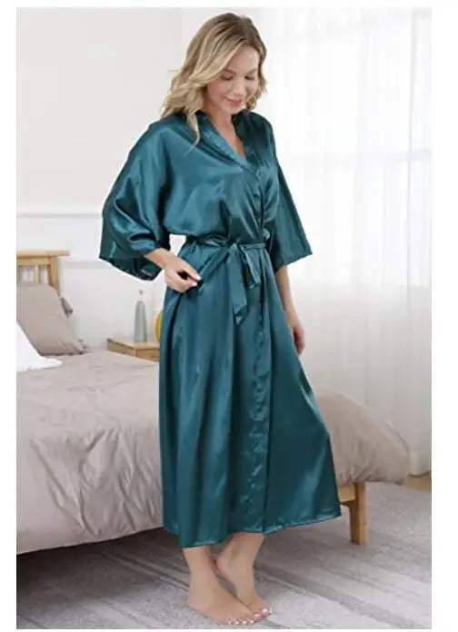 Plus Size S-XXXL Rayon Bathrobe Womens Kimono Satin Long Robe Sexy Lingerie Classic Nightgown Sleepwear with Belt - Matrix-studios.com