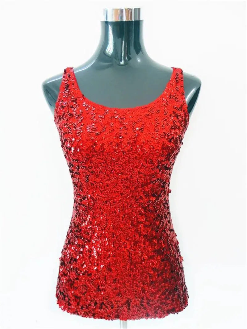 Womens Shine Glitter Sequin Embellished Sleeveless Vest Tank Tops Fashion Style Clothing For Cocktail Party Clubwear - Matrix-studios.com