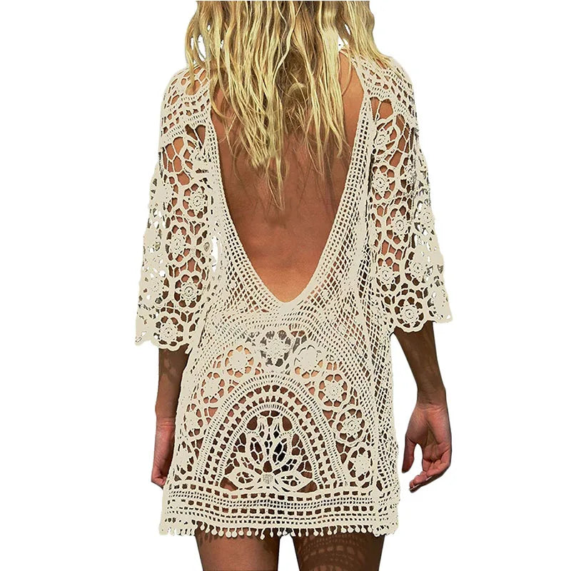 Sexy Women’s Bathing Suit Cover Up Crochet Lace Bikini Bathing Suit Swimsuit Smock Knitting Swimwear Mesh Beach Dress Tunic Robe - Matrix Studios
